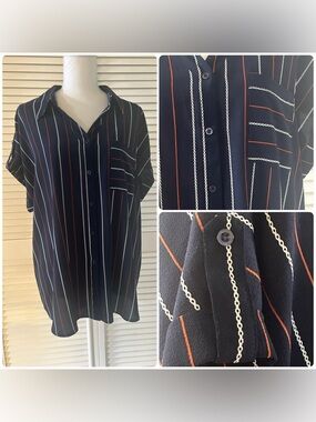 Perch by Blu Pepper Navy Blue Button-Up Short Sleeve Shirt striped chain pattern